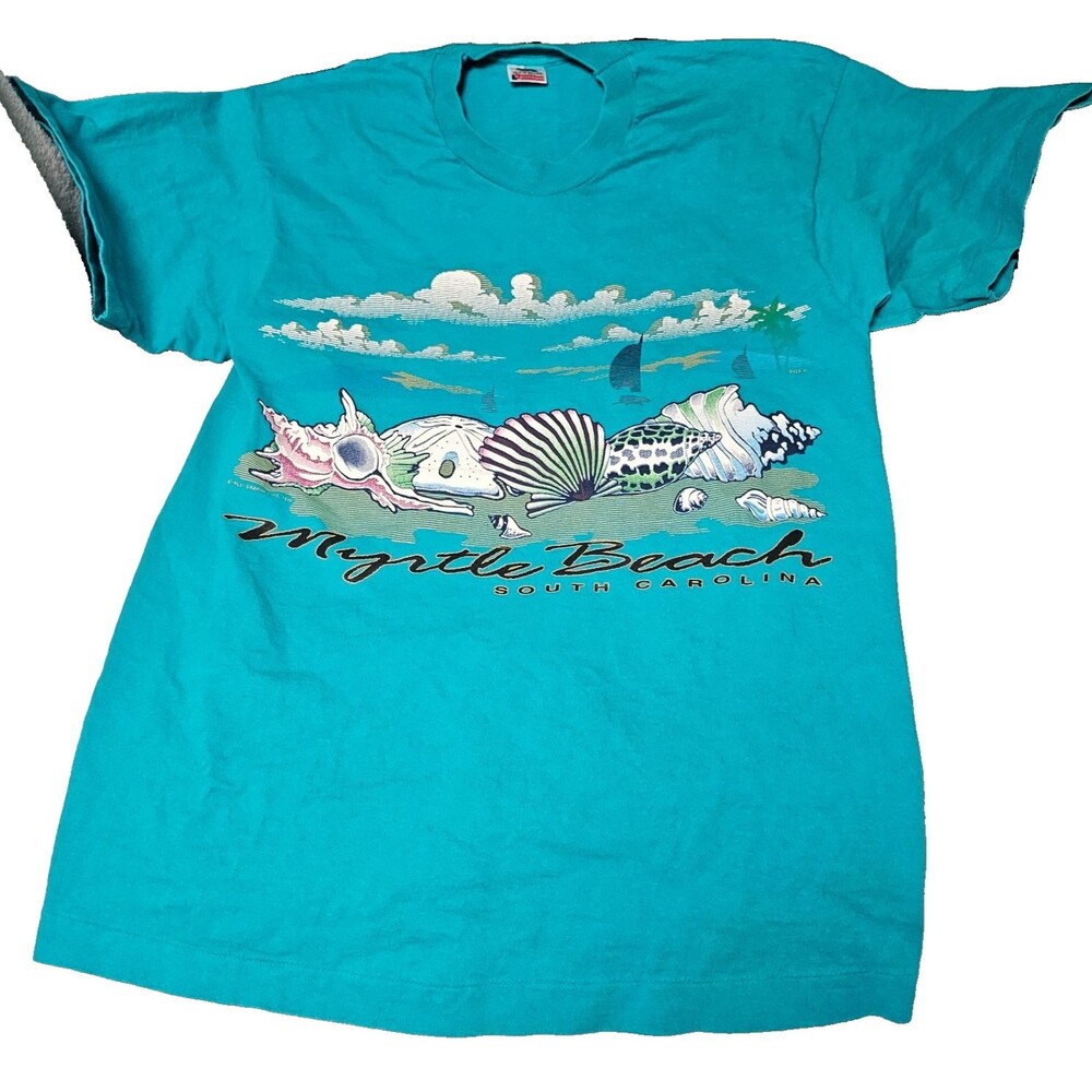 VTG 90s Myrtle Beach South Carolina Vacation T-Shirt Aqua Shells Size Large